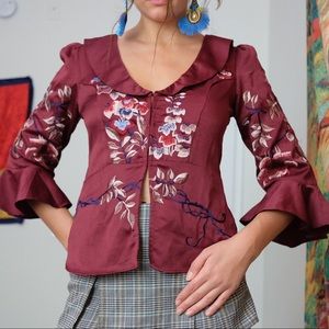 Free people wine silk embroidered blouse NWOT